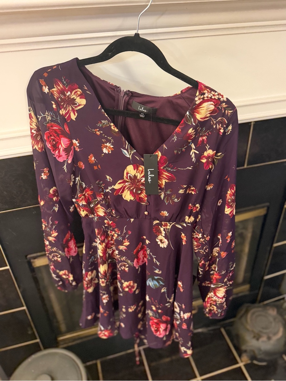Lulu's Plum Floral V-Neck Long Sleeve Dress